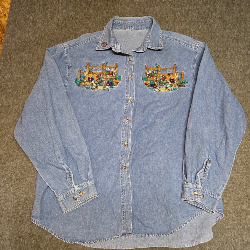 Vintage Denim Embroidered Harvest Cat Pumpkin Shirt Women XL Blue Fall Autumn